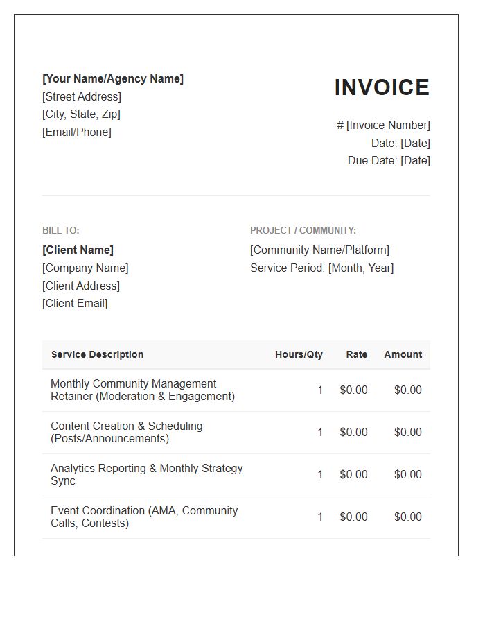 Community Management Monthly Service Invoice Template