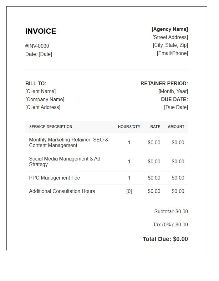 Digital Marketing Retainer Monthly Invoice Template