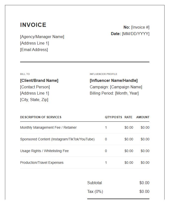 Influencer Management Monthly Billing Invoice Template