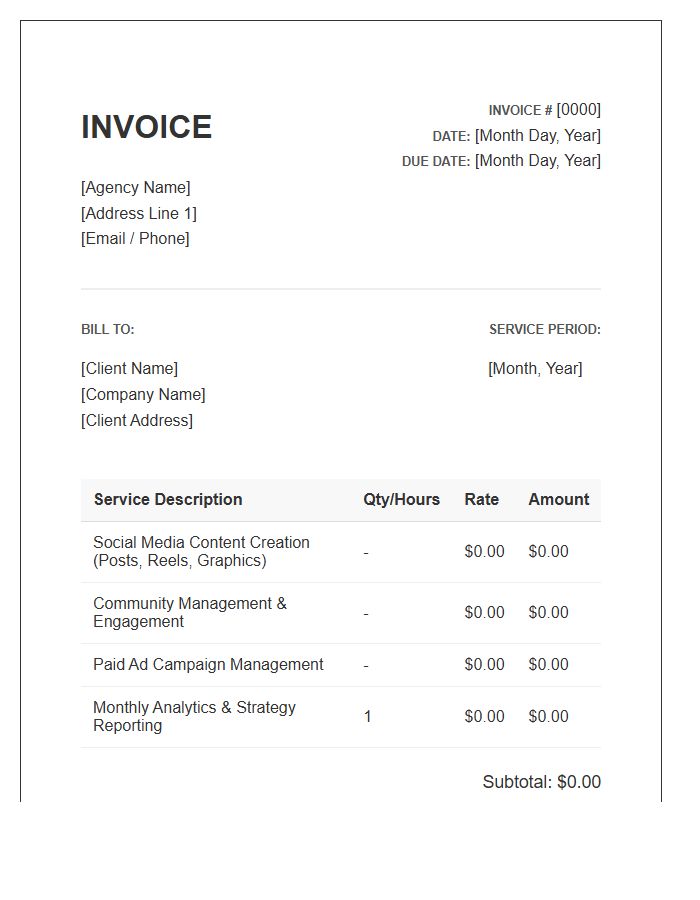 Monthly Social Media Marketing Service Invoice Template