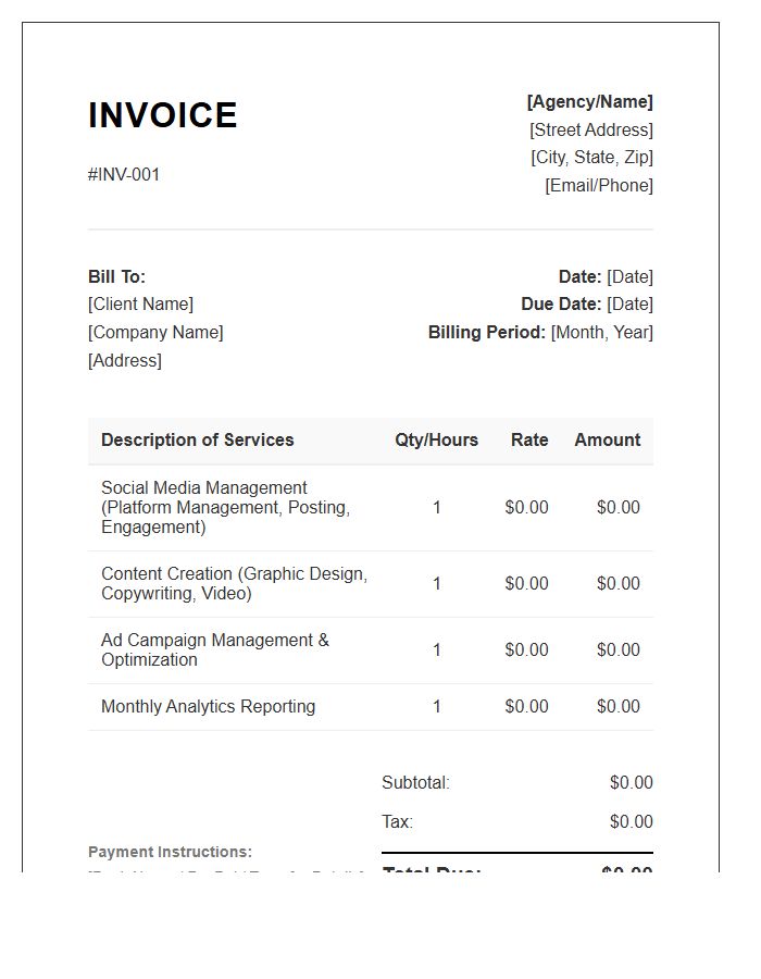 Social Media Management Monthly Invoice Template