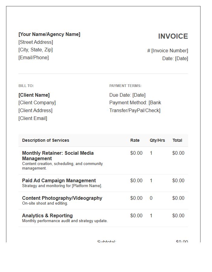 Social Media Strategist Monthly Invoice Template