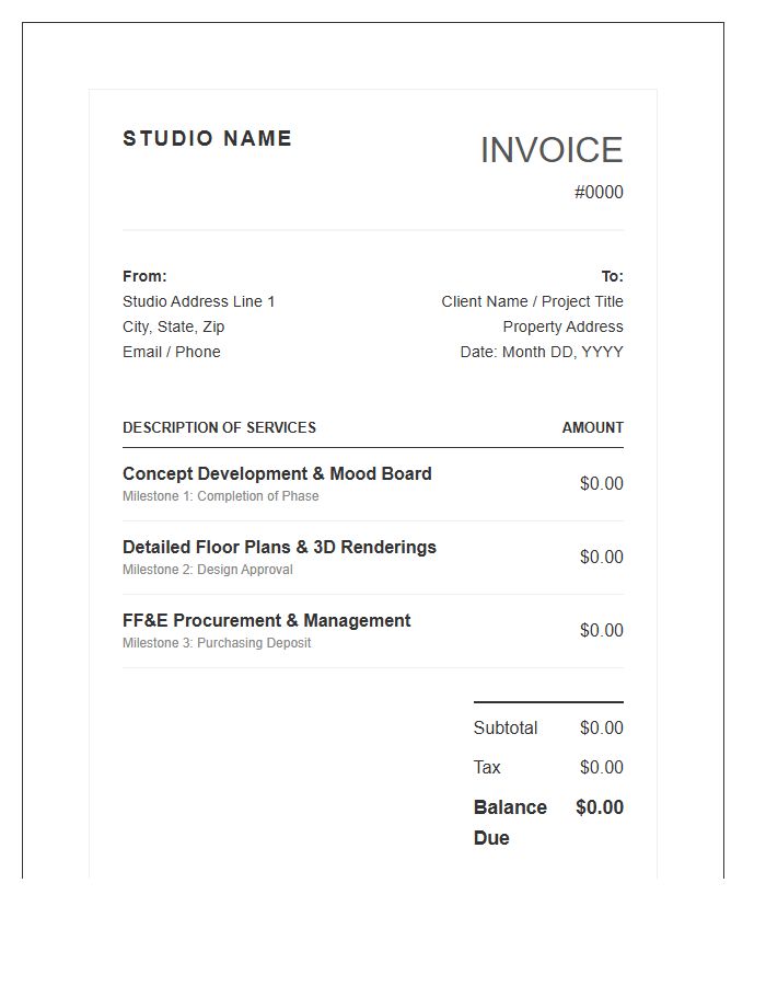 Boutique Interior Design Milestone Invoice Template