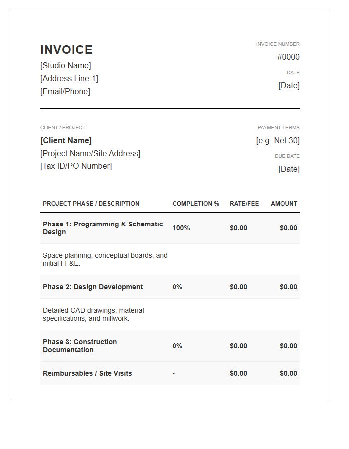 Commercial Interior Design Phase Invoice Template