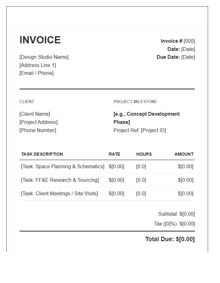 Hourly Interior Design Project Milestone Invoice Template