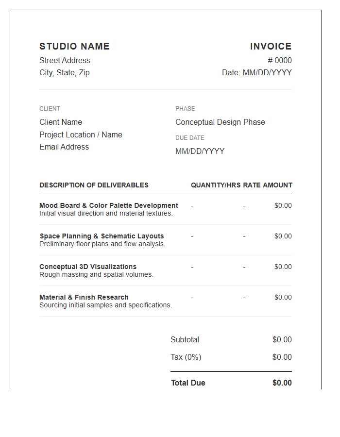 Interior Design Conceptual Design Phase Invoice Template
