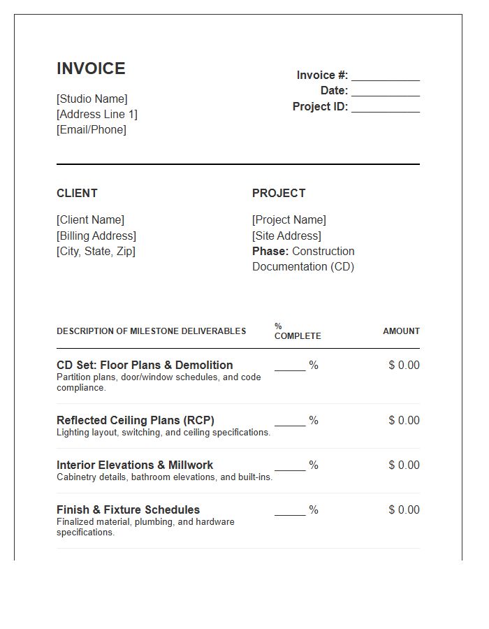 Interior Design Construction Documentation Milestone Invoice Template