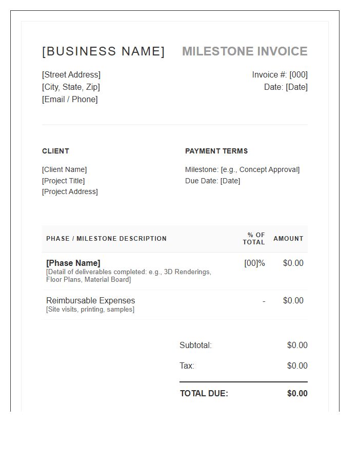 Interior Design Consulting Milestone Invoice Template