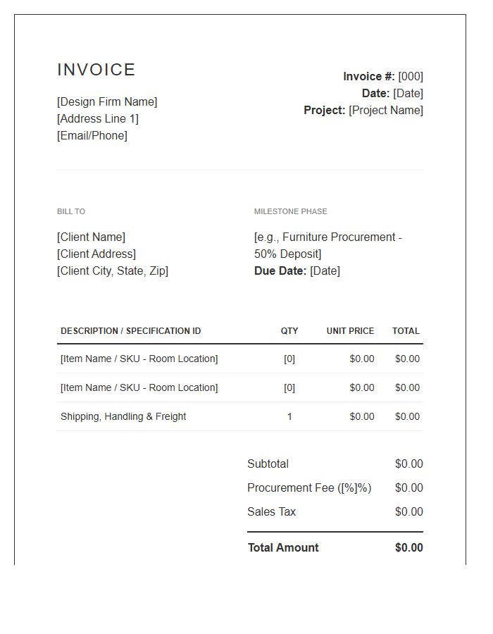 Interior Design Procurement Milestone Invoice Template
