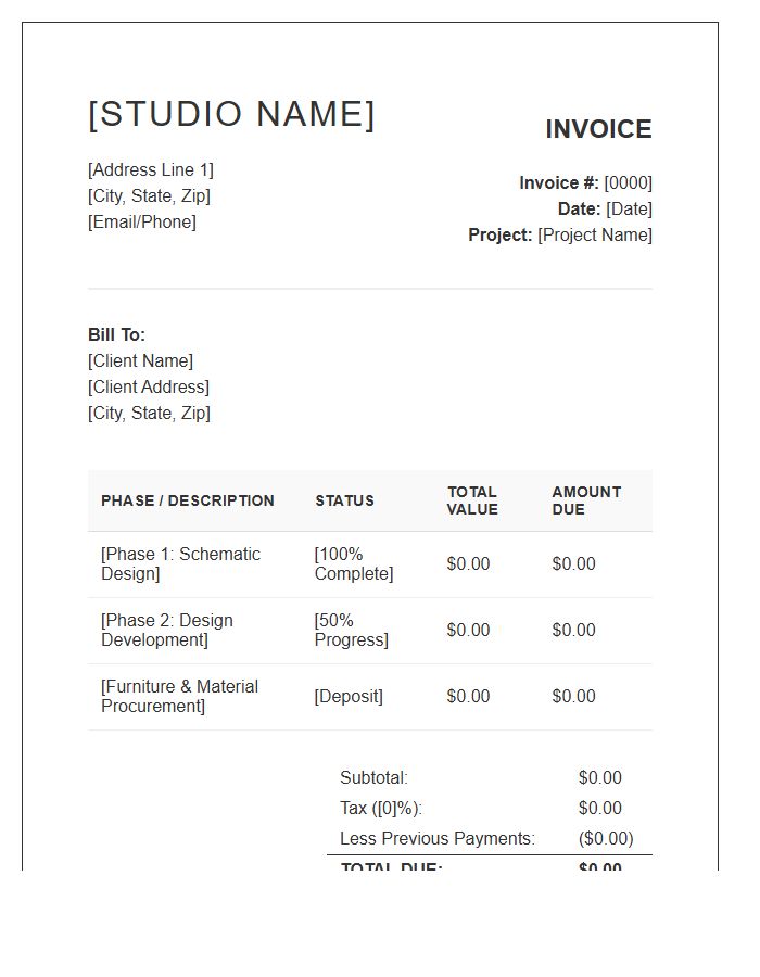 Interior Design Progress Payment Invoice Template