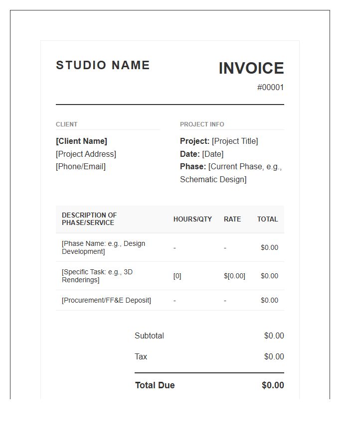 Interior Design Project Phase Billing Invoice Template