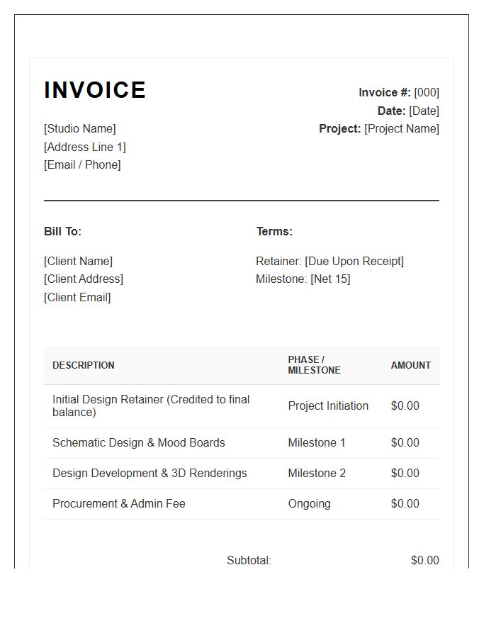 Interior Design Retainer And Milestone Invoice Template