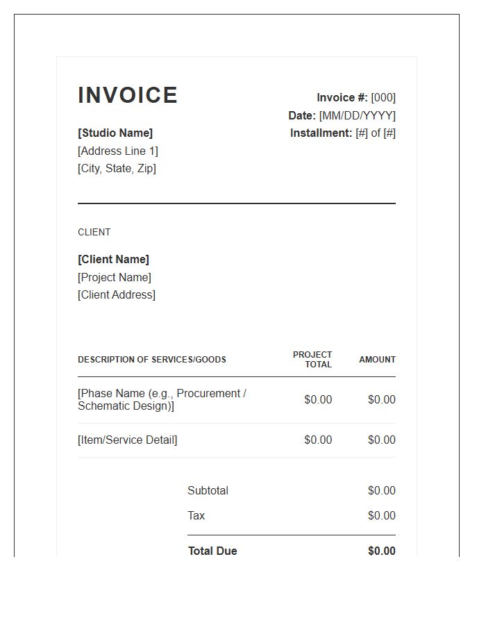 Interior Designer Project Installment Invoice Template