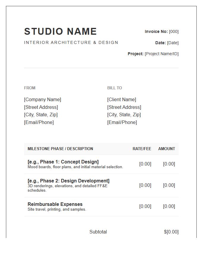 Professional Interior Design Milestone Invoice Template