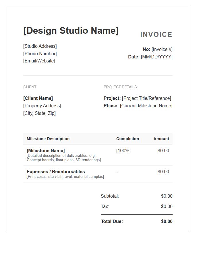 Residential Interior Design Project Milestone Invoice Template