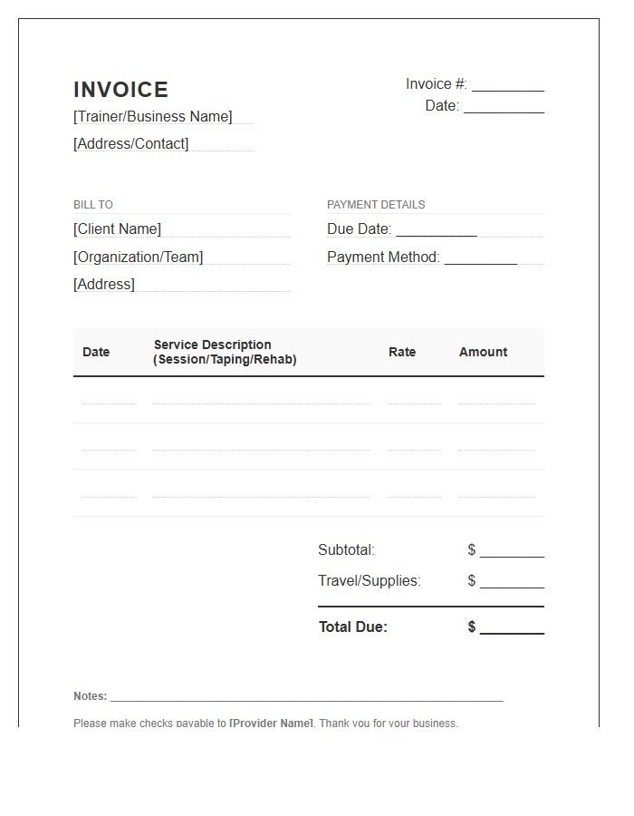 Athletic Training Services Invoice Template