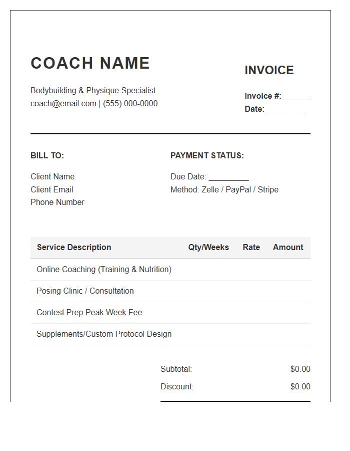 Bodybuilding Coach Client Invoice Template