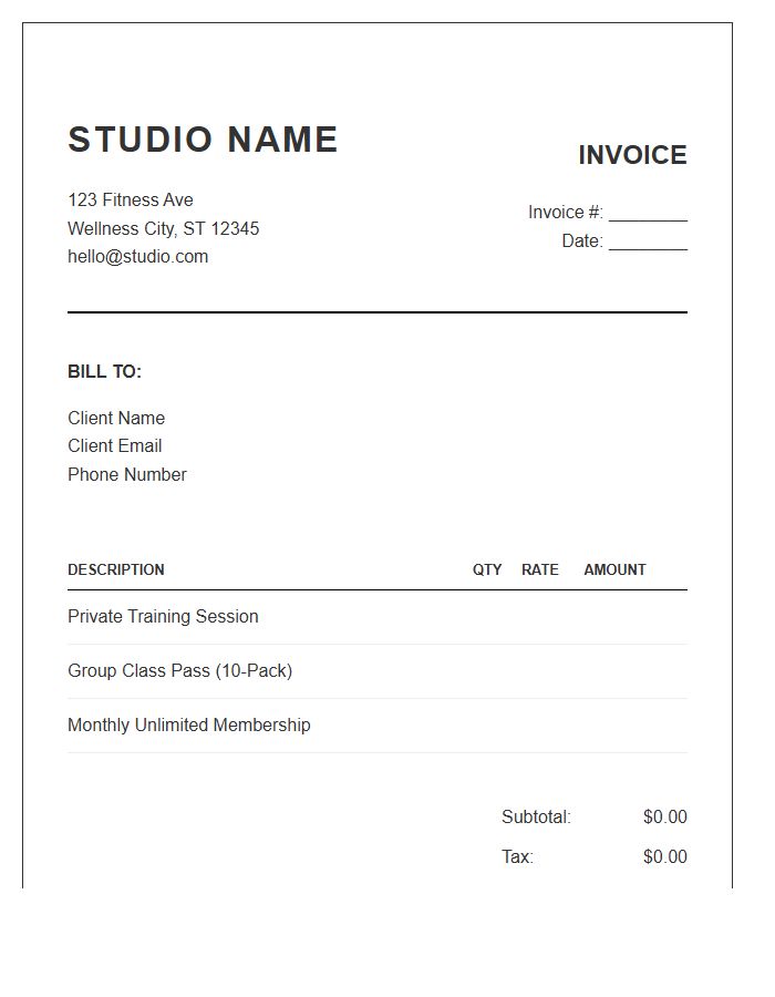 Boutique Fitness Studio Invoice Template