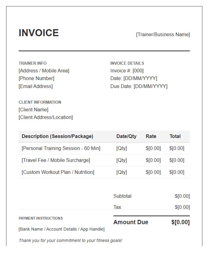 Mobile Personal Trainer Invoice Template