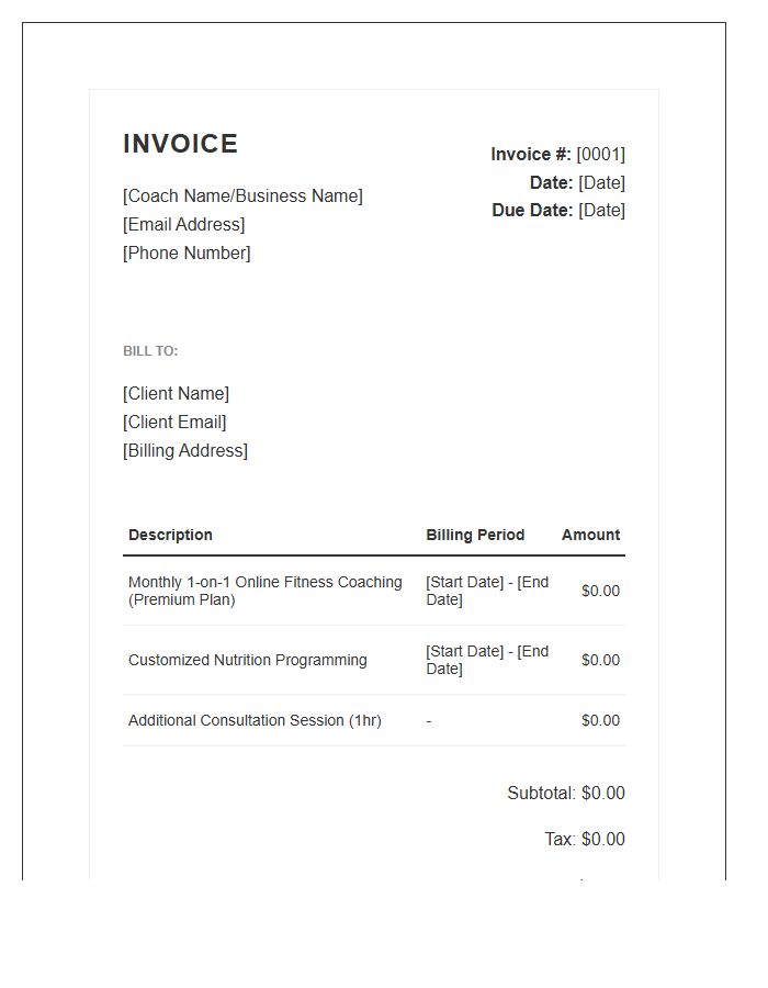Monthly Fitness Coaching Invoice Template