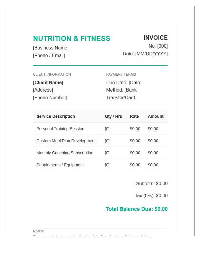 Nutrition And Fitness Invoice Template