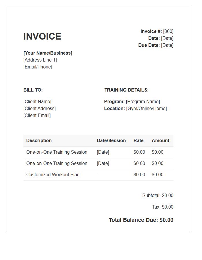 One On One Training Invoice Template