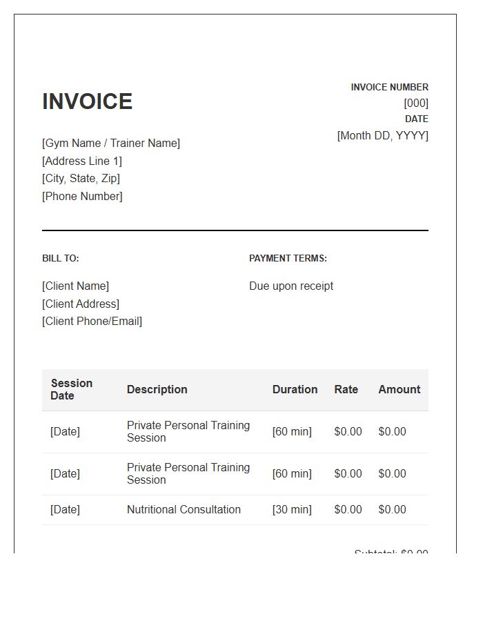 Private Gym Session Invoice Template