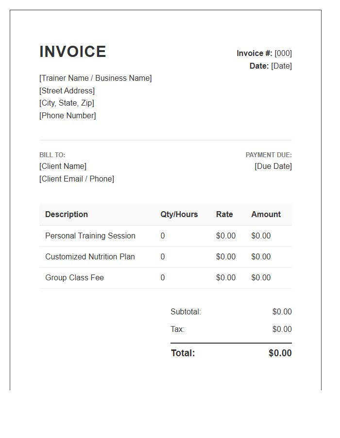 Professional Personal Trainer Invoice Template