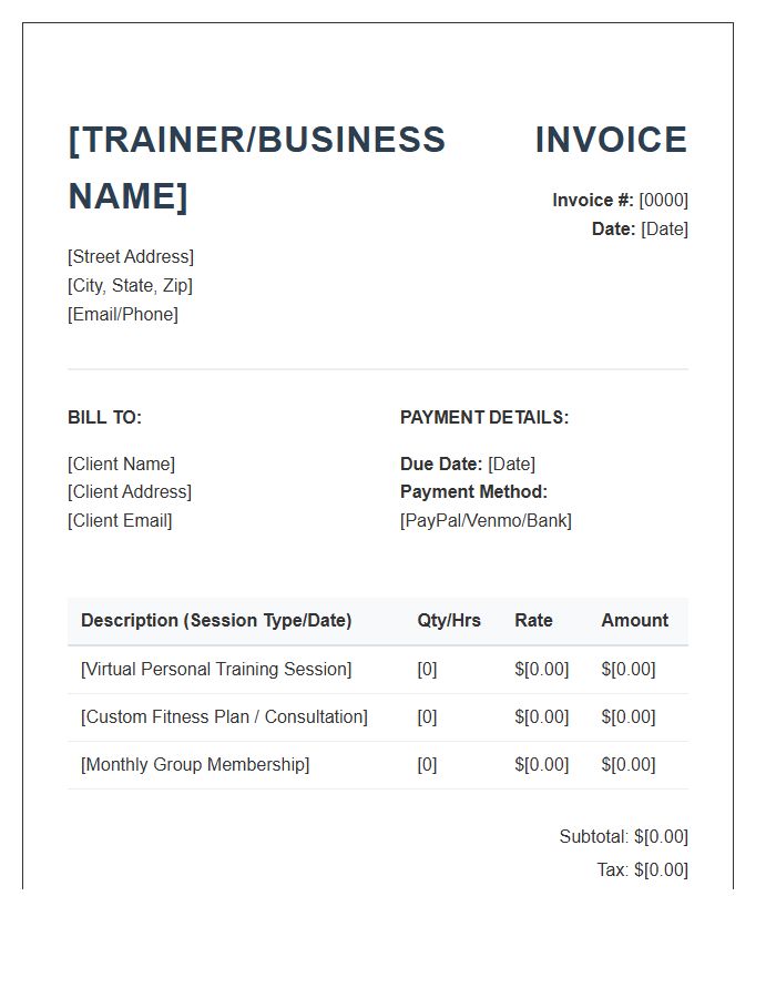 Virtual Fitness Training Invoice Template