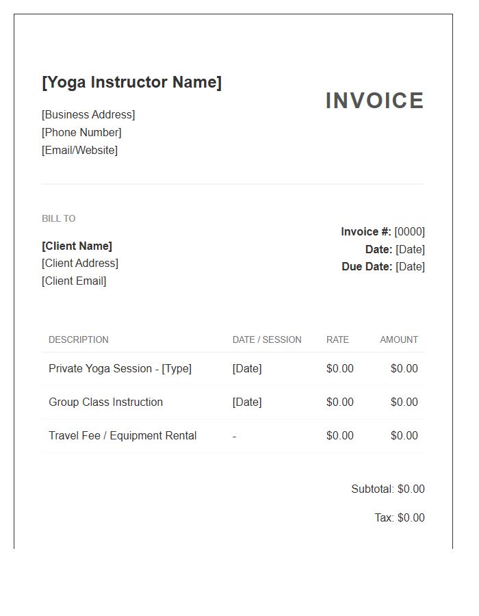 Yoga Instructor Client Invoice Template