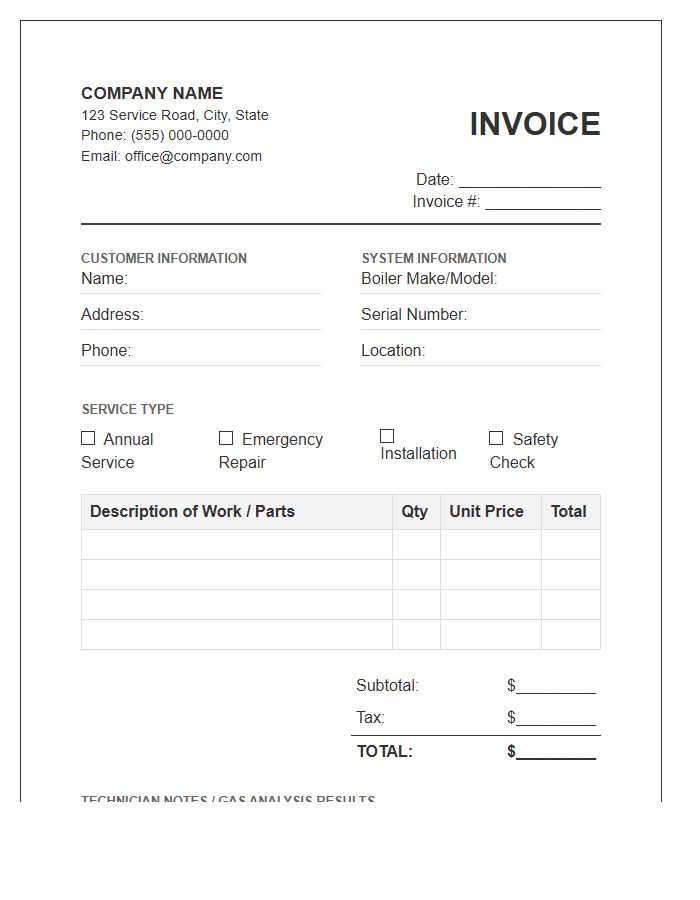 Boiler Maintenance And Service Invoice Template