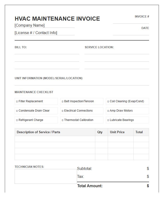 Commercial HVAC Preventative Maintenance Invoice Template