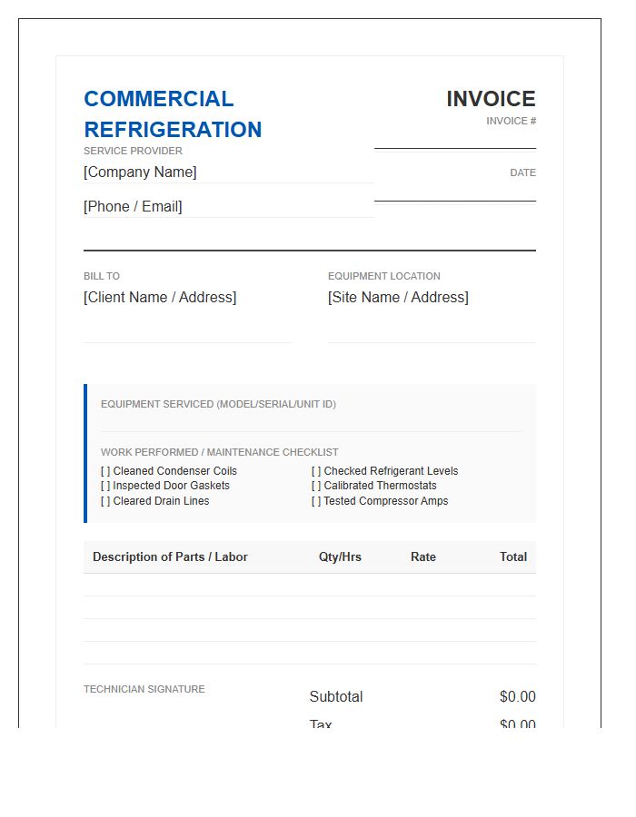 Commercial Refrigeration Maintenance Invoice Template