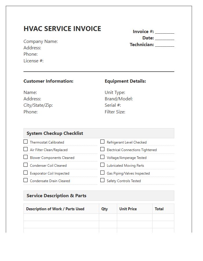 Detailed HVAC System Checkup Invoice Template