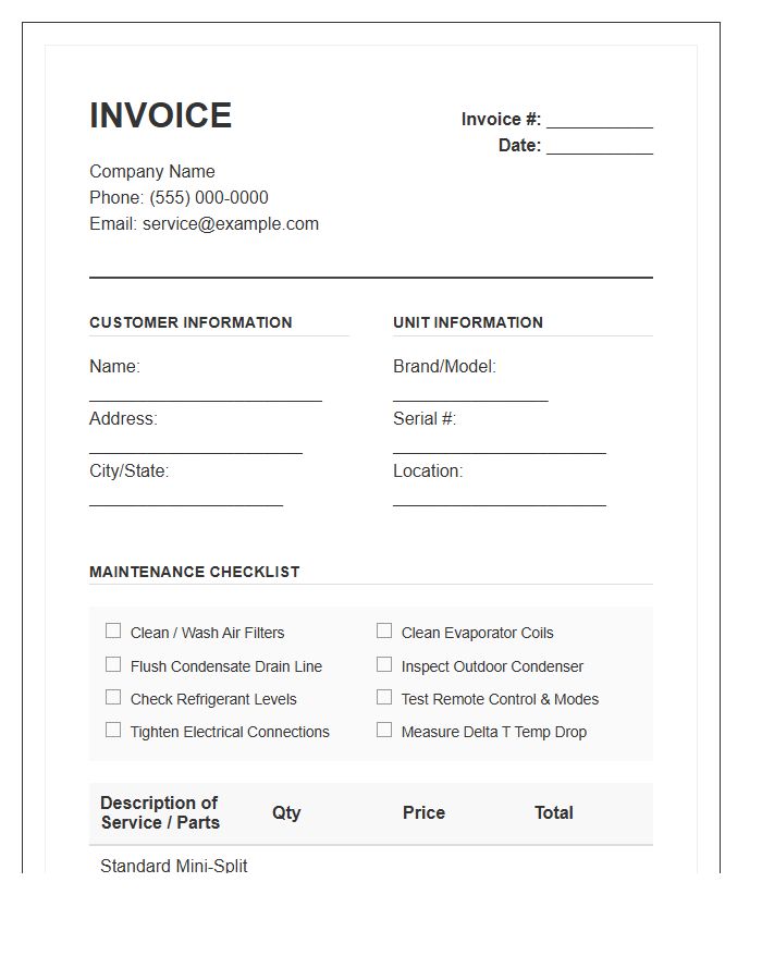 Ductless Mini Split Maintenance Invoice Template
