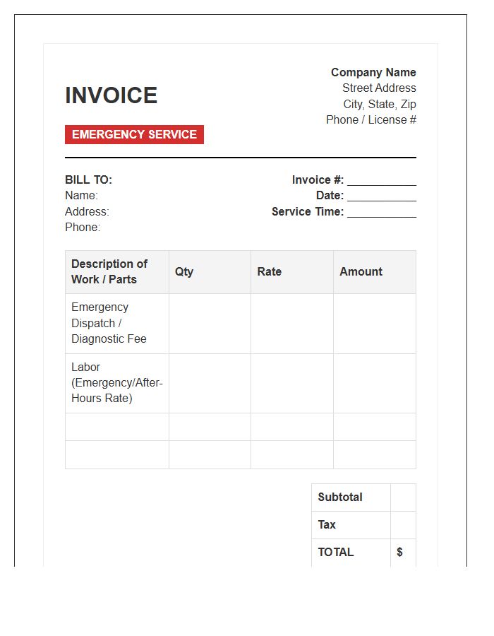 Emergency HVAC Maintenance Service Invoice Template