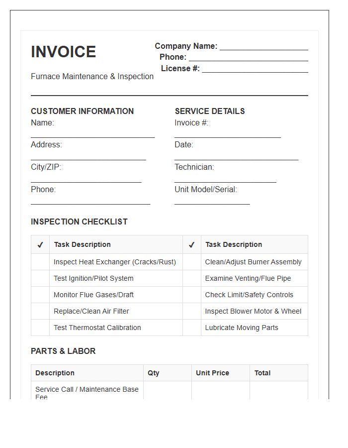 Furnace Maintenance Inspection Service Invoice Template