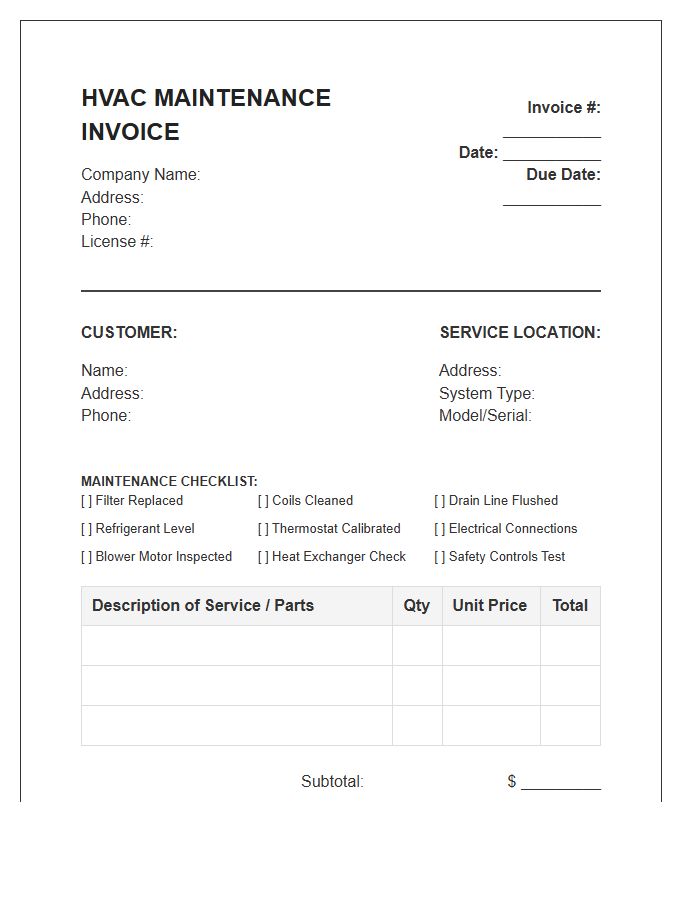Heating And Cooling System Maintenance Invoice Template