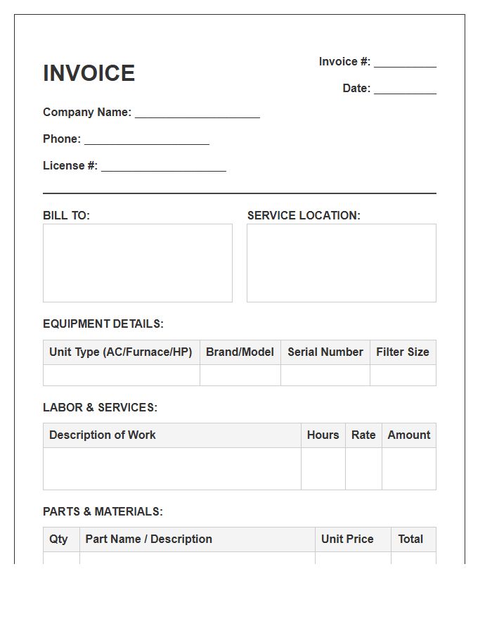 HVAC Maintenance Labor And Parts Invoice Template