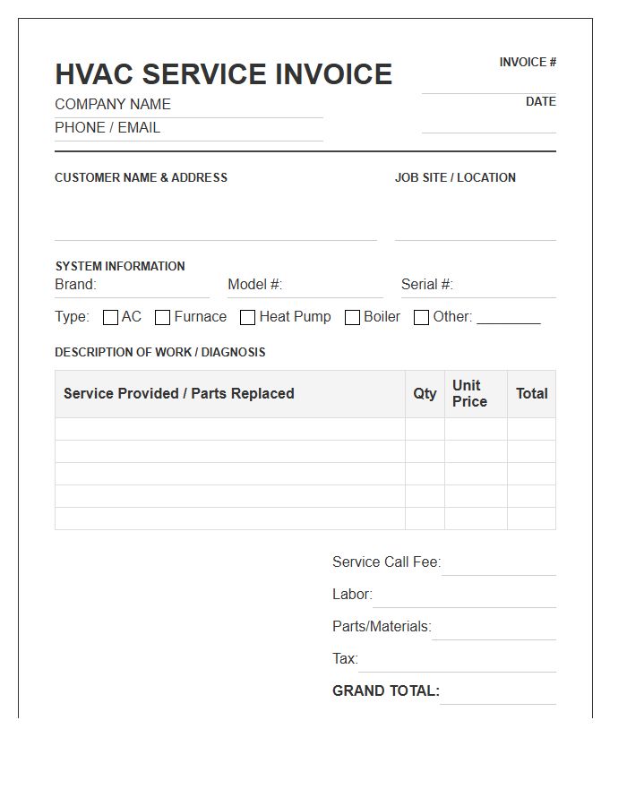 HVAC Technician Service Call Invoice Template