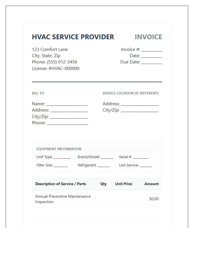 Professional HVAC Maintenance Billing Invoice Template