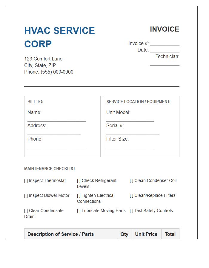 Standard HVAC Maintenance Program Invoice Template