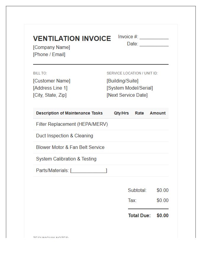 Ventilation System Maintenance Invoice Template