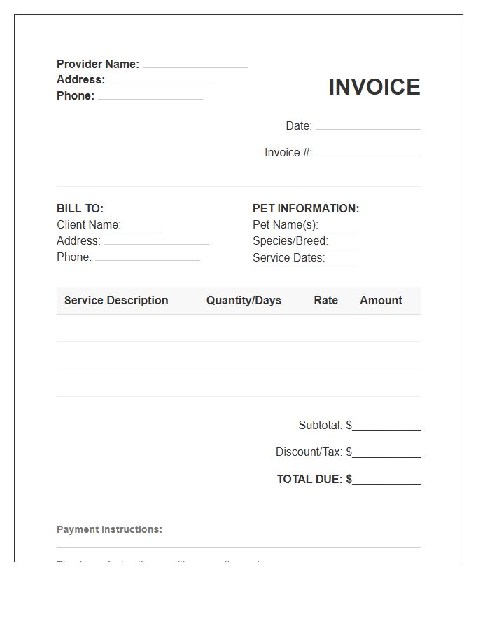 Animal Care Provider Invoice Template
