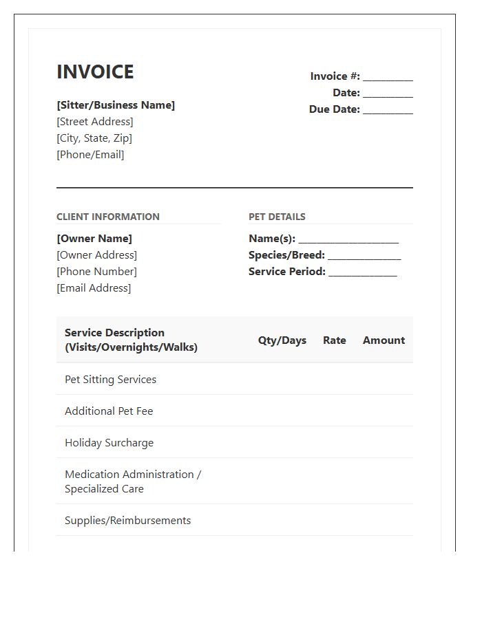 Comprehensive Pet Sitting Invoice Template