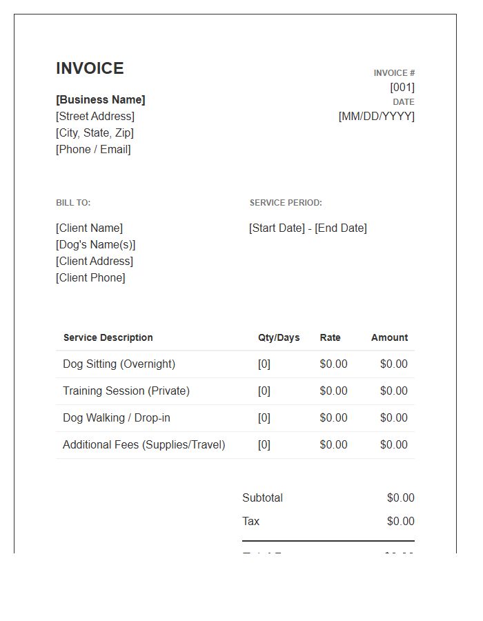 Dog Training And Sitting Invoice Template