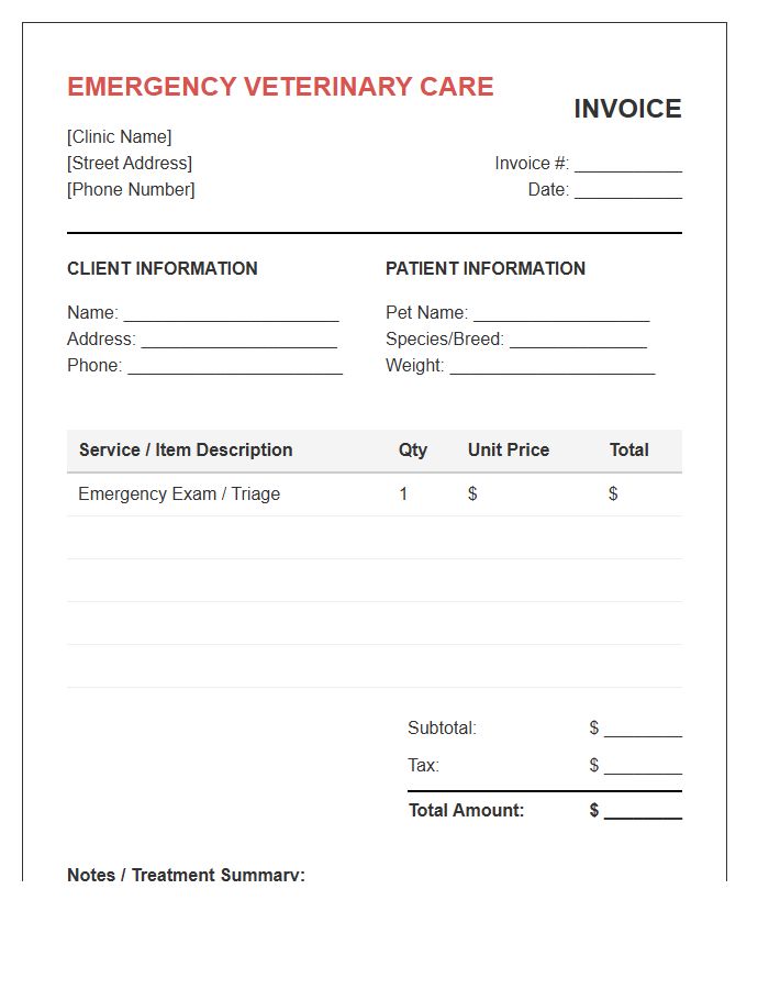 Emergency Pet Care Invoice Template