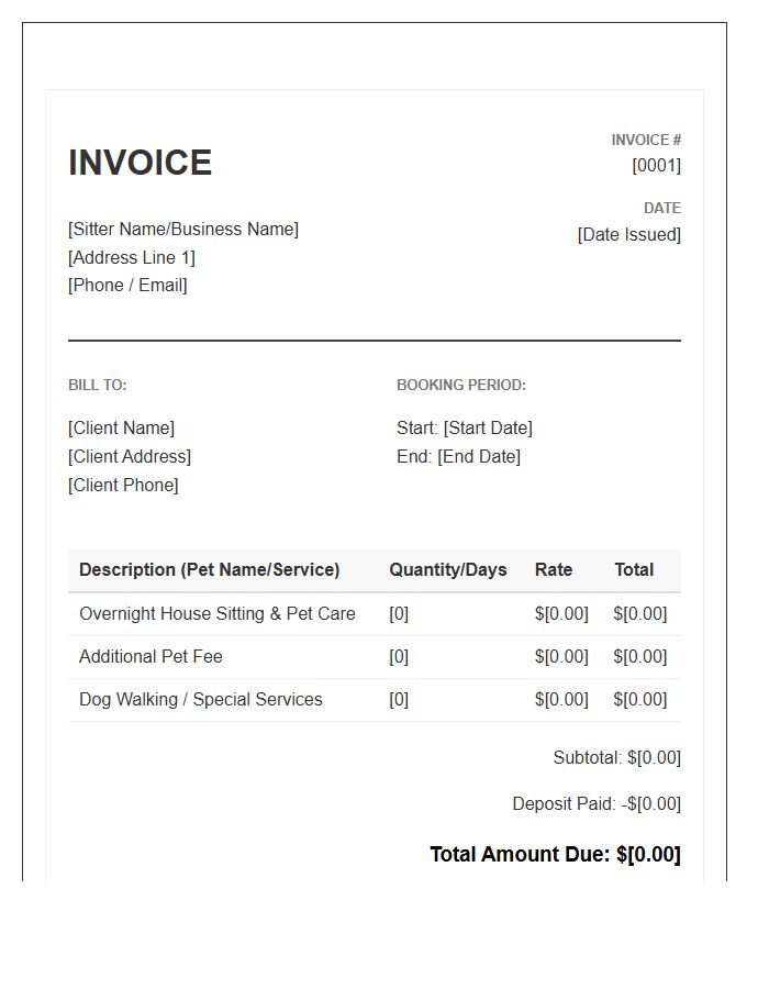 House Sitter Pet Care Invoice Template
