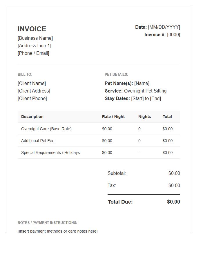 Overnight Pet Care Invoice Template