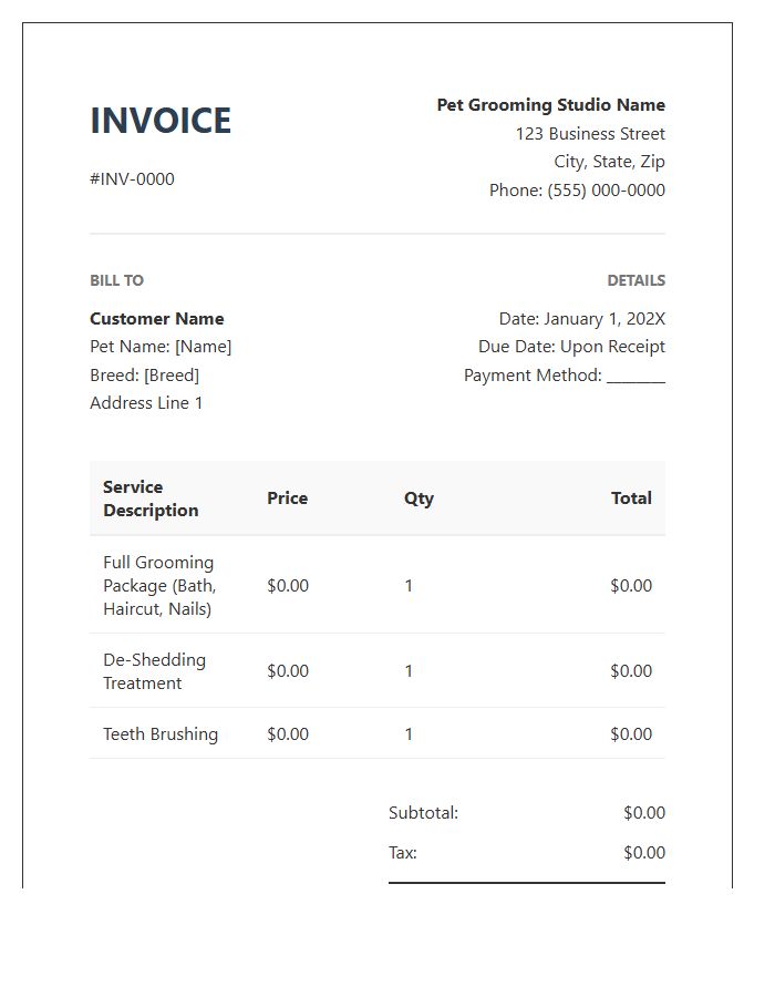 Professional Pet Grooming Invoice Template